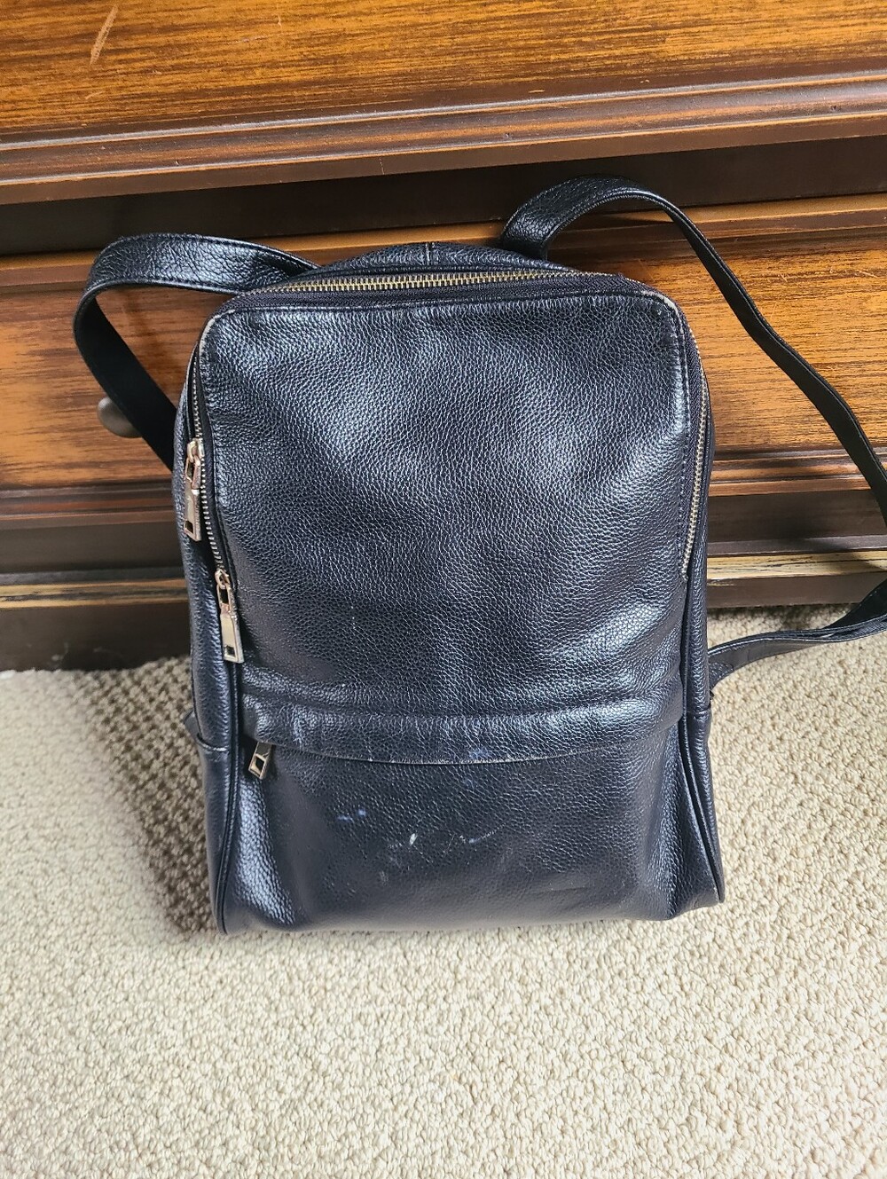 Coolcy, black leather backpack, bag